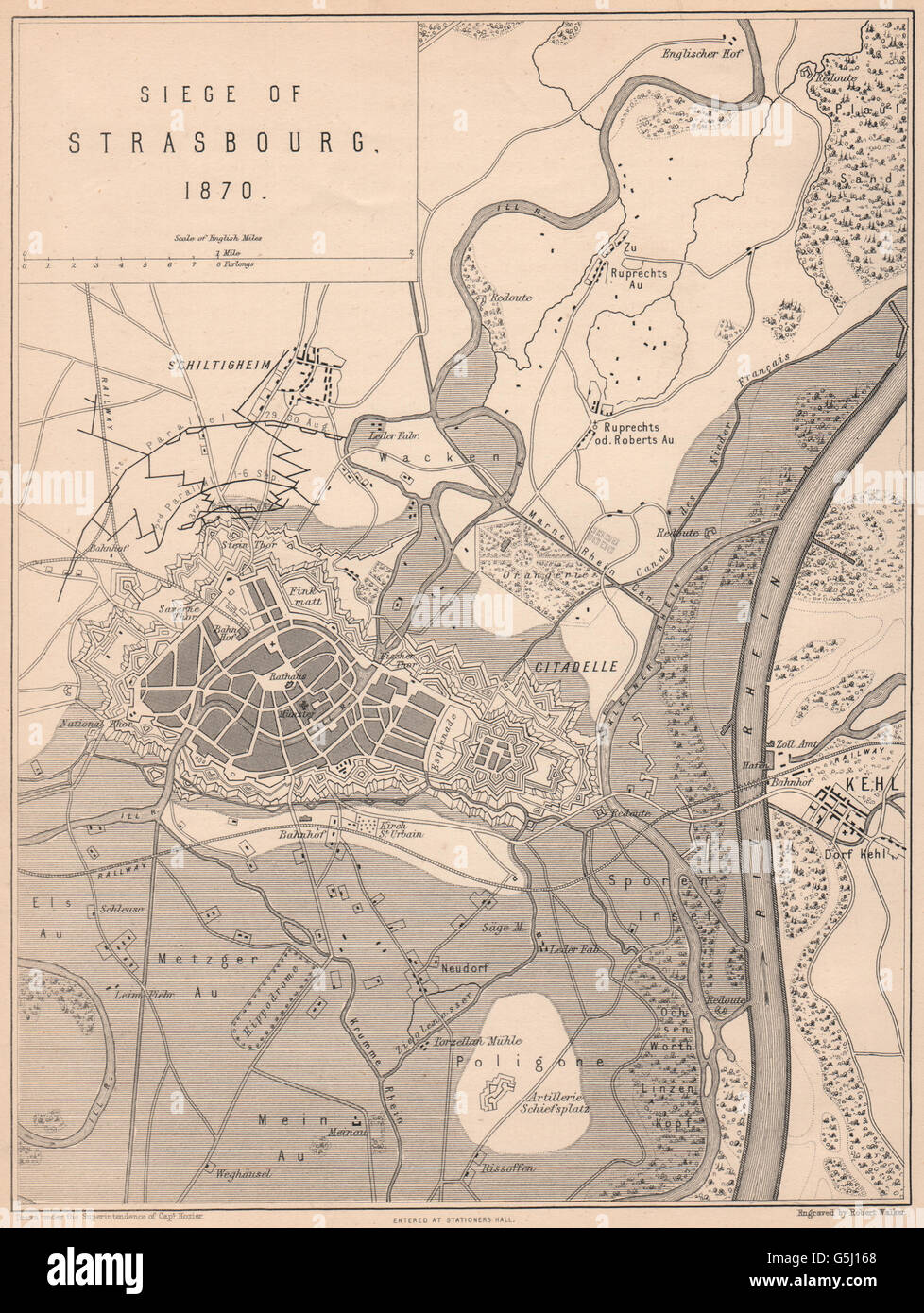 Assedio di Strasburgo 1870: guerra franco-prussiana. Kehl. Bas-Rhin, 1875 mappa vecchia Foto Stock