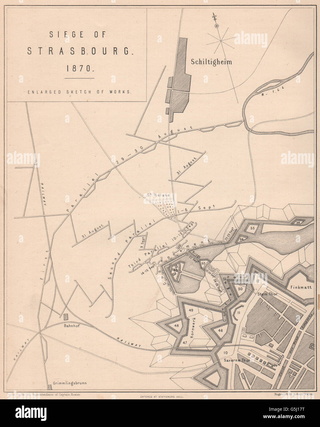 Assedio di Strasburgo 1870 Guerra: schizzo di opere. Schiltigheim, 1875 Mappa antichi Foto Stock