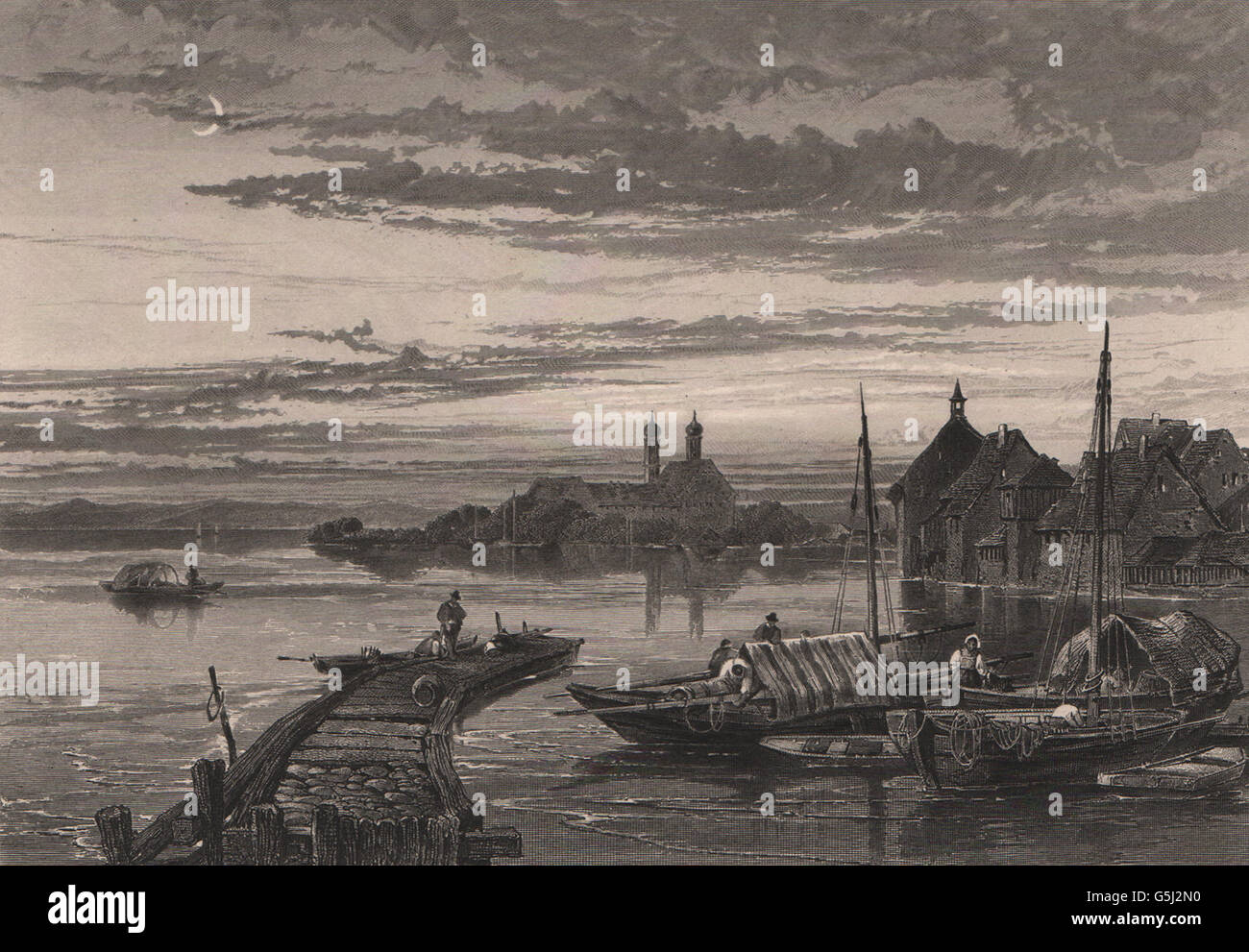 FRIEDRICHSHAFEN: attraente incisione in acciaio. Germania. Valle del Reno. Barche, 1875 Foto Stock
