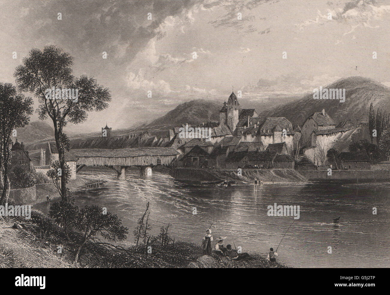 RHEINFELDEN: attraente incisione in acciaio. La Svizzera. Valle del Reno. La pesca 1875 Foto Stock