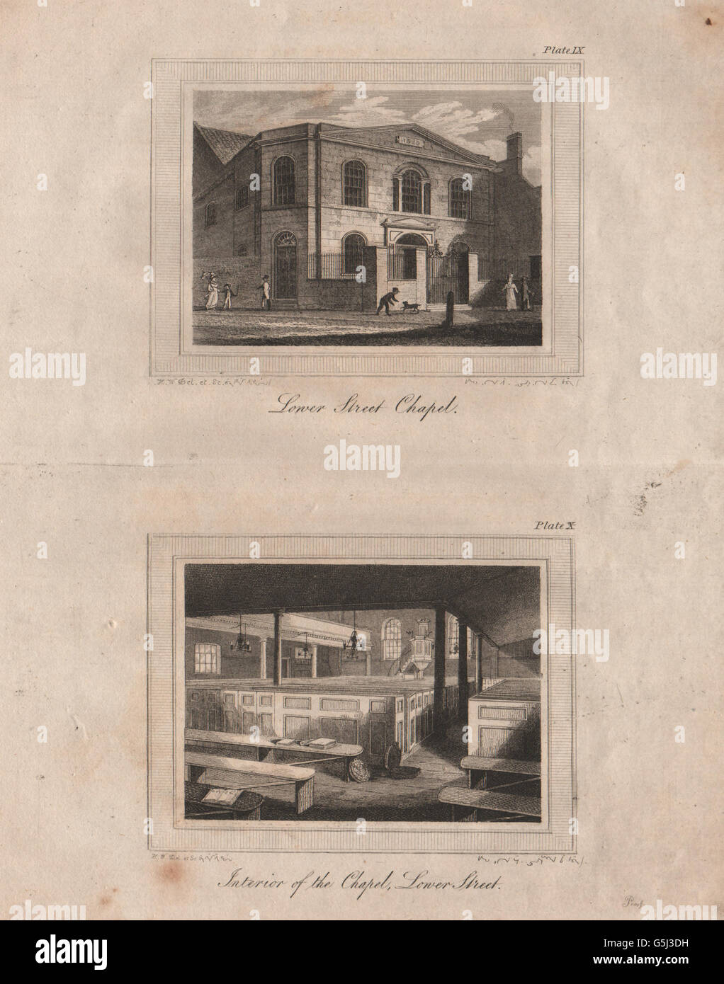 ISLINGTON PARROCCHIA: Abbassare Street (ora Essex Road) Cappella. Interno e esterno 1823 Foto Stock