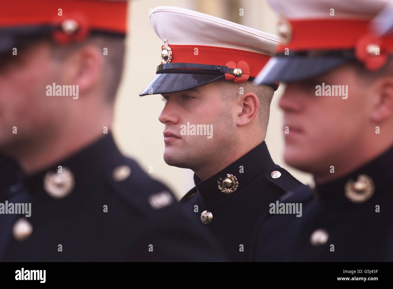 I soldati del Commando Royal Marines del 40 ripagano i loro omaggi ai caduti in un servizio di giorno della memoria al campo di Norton Manor vicino a Taunton. Alcuni membri del reggimento sono attualmente basati sul vettore aereo HMS Invincible in preparazione per un attacco all'Afghanistan. * il resto è appena tornato da esercizi in Oman e sono su 24 ore di allarme. Foto Stock