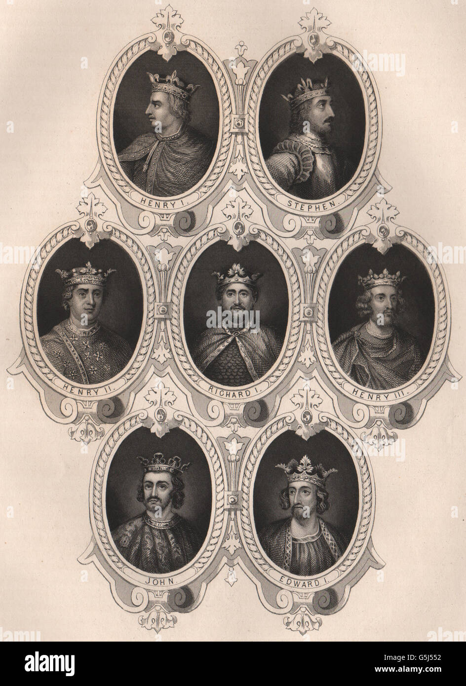 Inglese: Re Enrico I, II & III; Stephen; Richard I; Giovanni; Edward I, 1853 Foto Stock