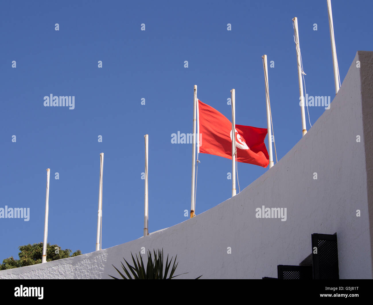 Bandiera tunisina oltre la costruzione su una bandiera pole. Immagine: Darren O'Brien info@darrenobrien.co.uk Foto Stock