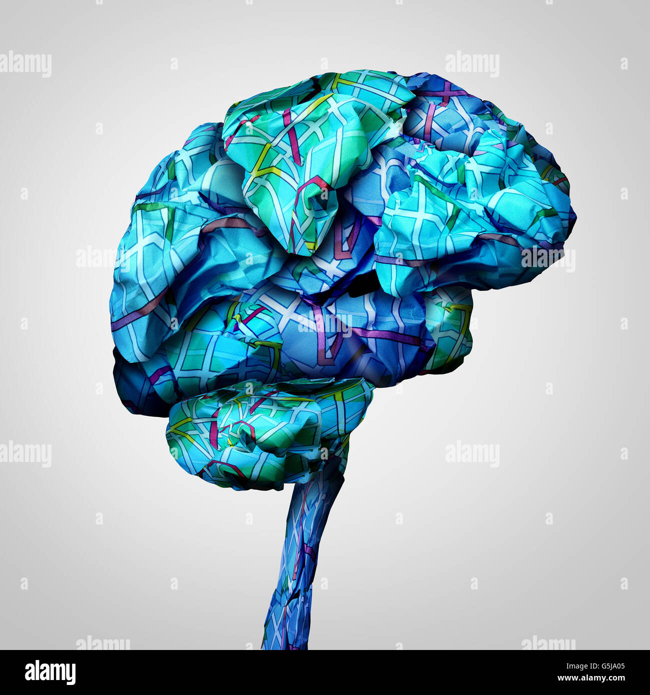 La mappatura del cervello salute mentale concetto e psicologia sfida simbolo o icona di brainstorming come un gruppo di carta sgualcita mappe stradali conformata come una mente umana in un 3D illustrazione dello stile. Foto Stock