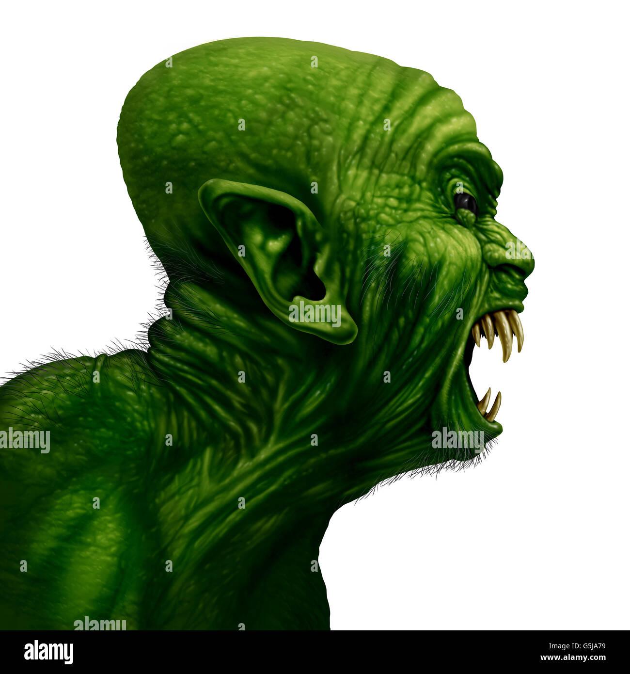 Monster vista laterale della testata come uno zombie faccia o bestia mutante urlando come creepy halloween o arrabbiati spaventoso demone con il simbolo verde testurizzata stropicciata skinisolated su sfondo bianco in un realistico 3D illustrazione dello stile. Foto Stock