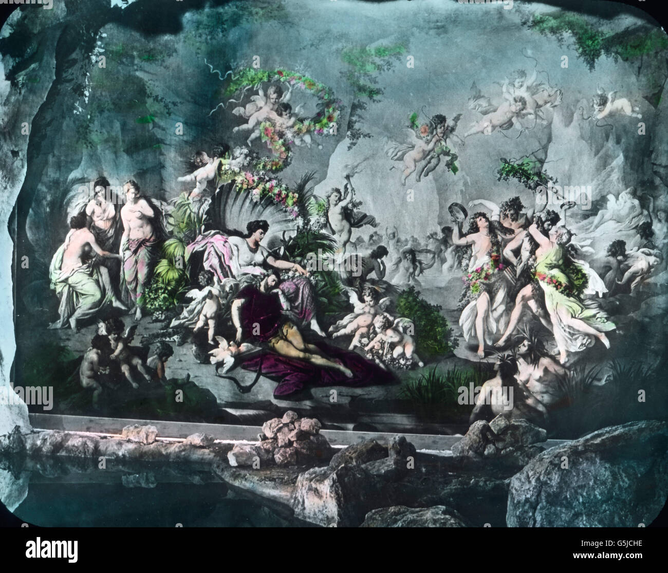 Fresko an der Wand der 'Blauen Grotte' auf Schloß Linderhof in Ettal in Bayern. Frsco in corrispondenza della parete della "Grotta Azzurra" presso il castello di Linderhof a Ettal in Baviera. Foto Stock