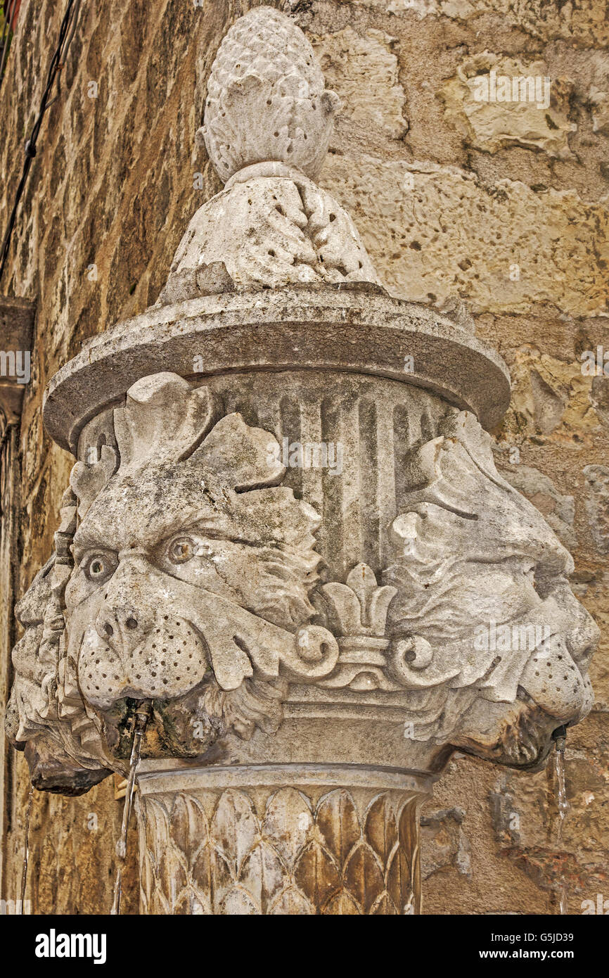 Fontana con leoni in pietra capi Dubrovnik Croazia Foto Stock