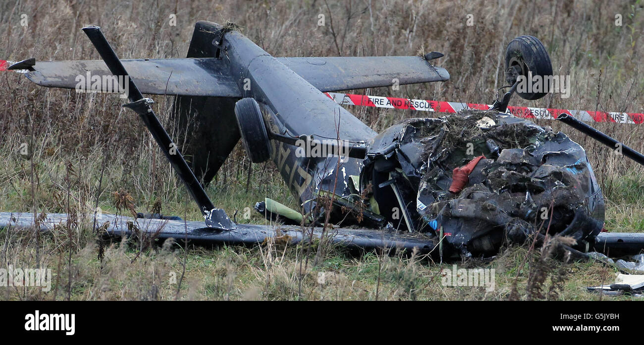 La scena di un incidente aereo leggero a Birr, Co Offaly dove due persone sono state uccise la notte scorsa. Foto Stock