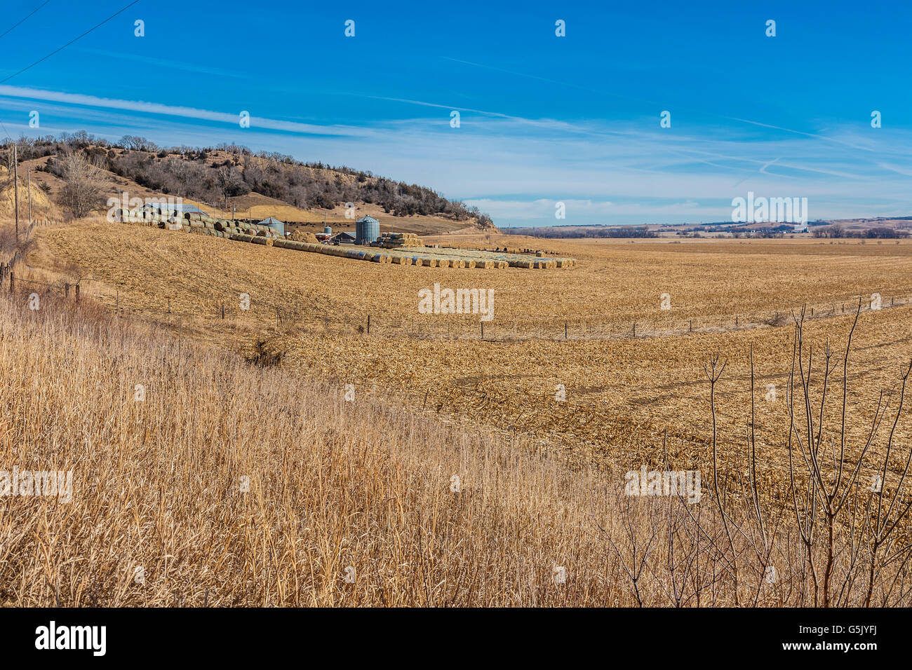 I rotoli di fieno memorizzato in una fattoria in rural western Iowa Foto Stock