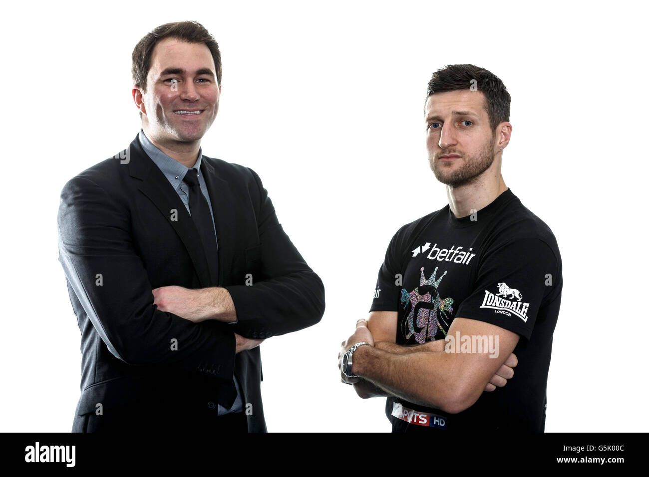 Carl Froch e il promotore Eddie Hearn durante la conferenza stampa presso la Capital FM Arena di Nottingham. PREMERE ASSOCIAZIONE foto. Data immagine: Martedì 13 novembre 2012. Il credito fotografico dovrebbe essere: Nick Pottsr/PA Wire Foto Stock