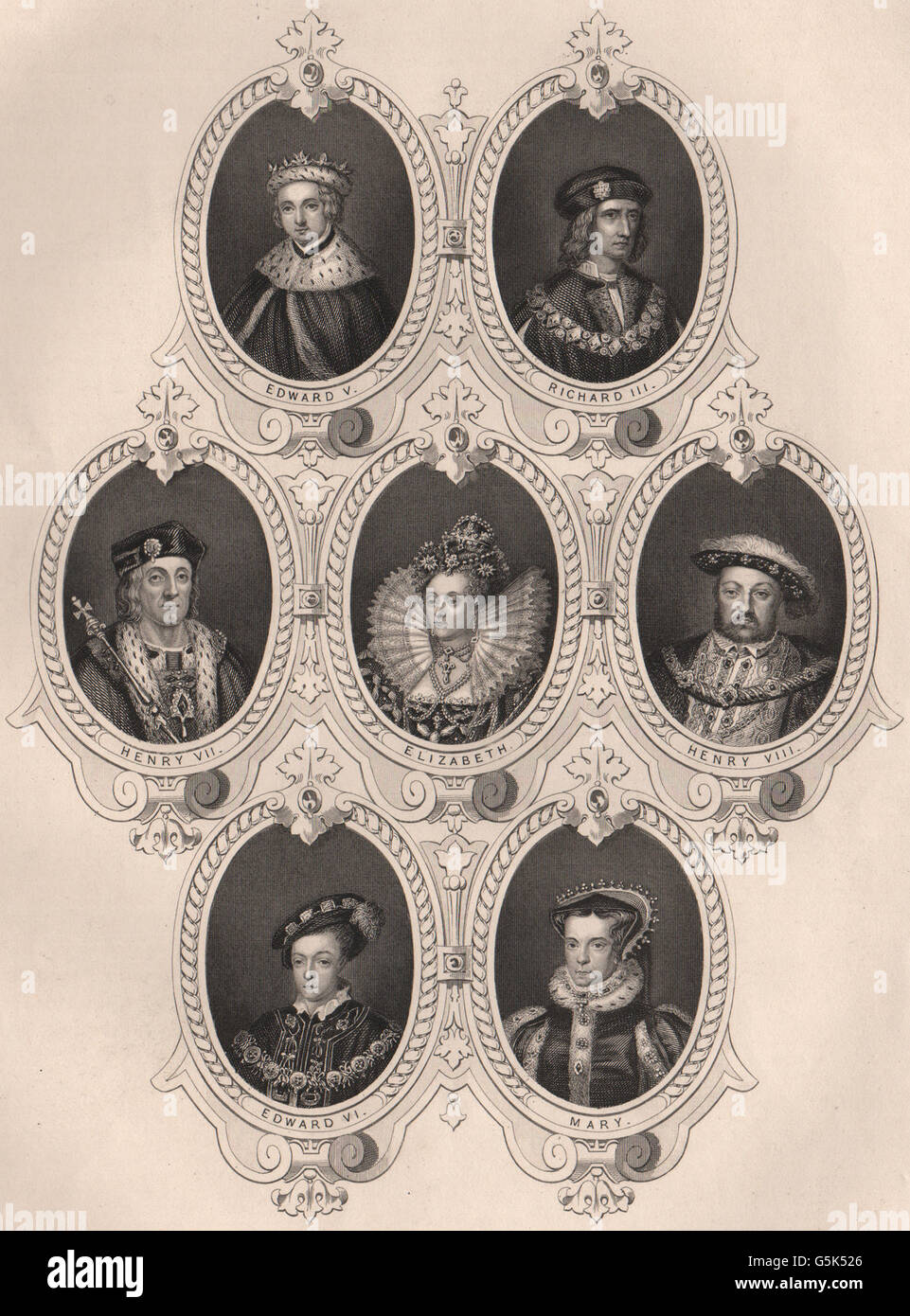 Monarchi inglesi: Edward V & VI Richard III Enrico VII e VIII Elisabetta Maria 1853 Foto Stock