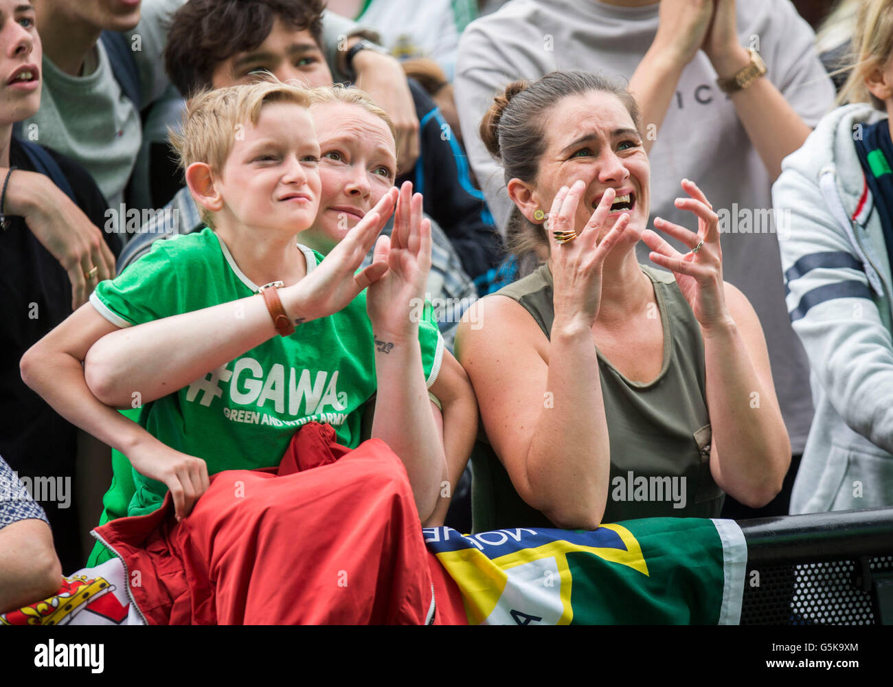 Ventole che mostra il loro sostegno al Titanic Fanzone, Belfast come essi guardare Irlanda del Nord / Germania in Euro 2016. Foto Stock