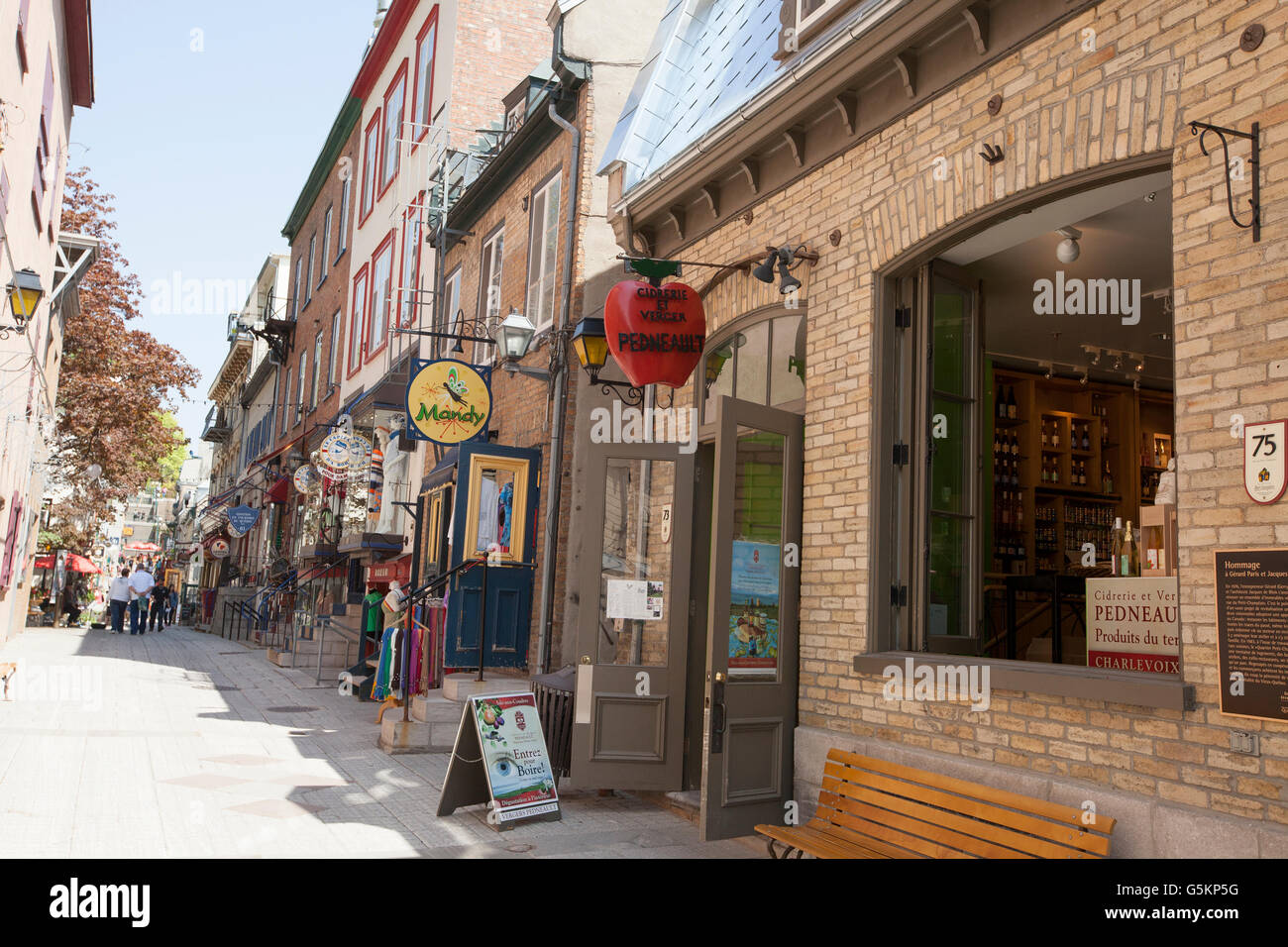 QUEBEC CITY - 24 Maggio 2016: Rue du Petit-Champlain nella bassa Vecchia Quebec City, attira molti turisti per i suoi pittoreschi negozi. Foto Stock