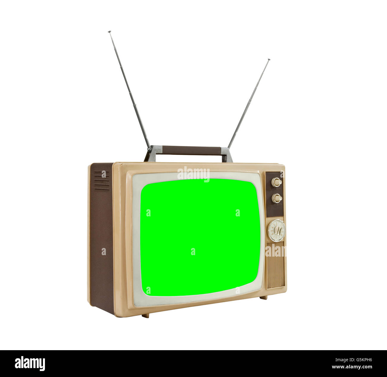 Televisione Vintage con antenne e chroma schermo verde. Foto Stock