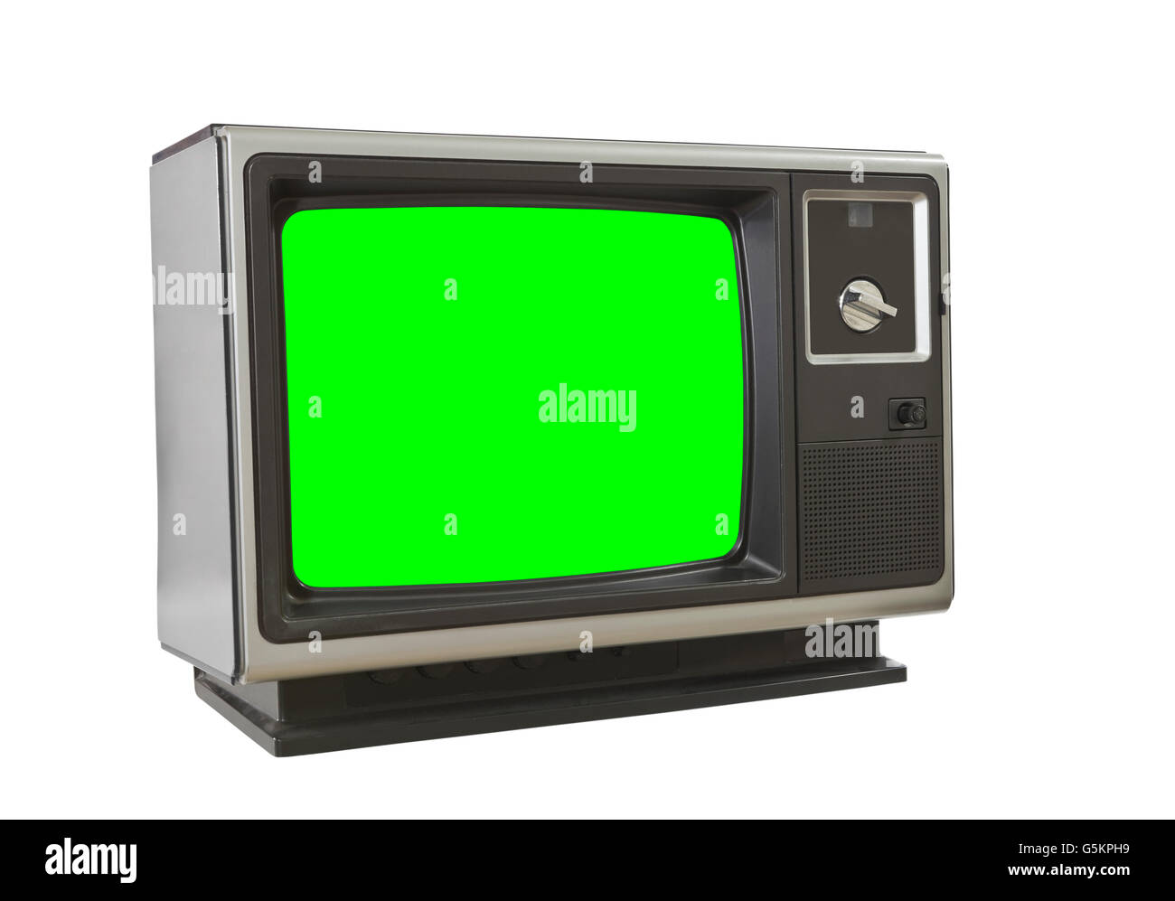Vintage televisione vuoto isolato su bianco con chroma key green screen inserire. Foto Stock