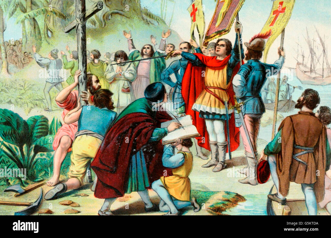 Christopher Columbus prendendo possesso del nuovo mondo Foto Stock