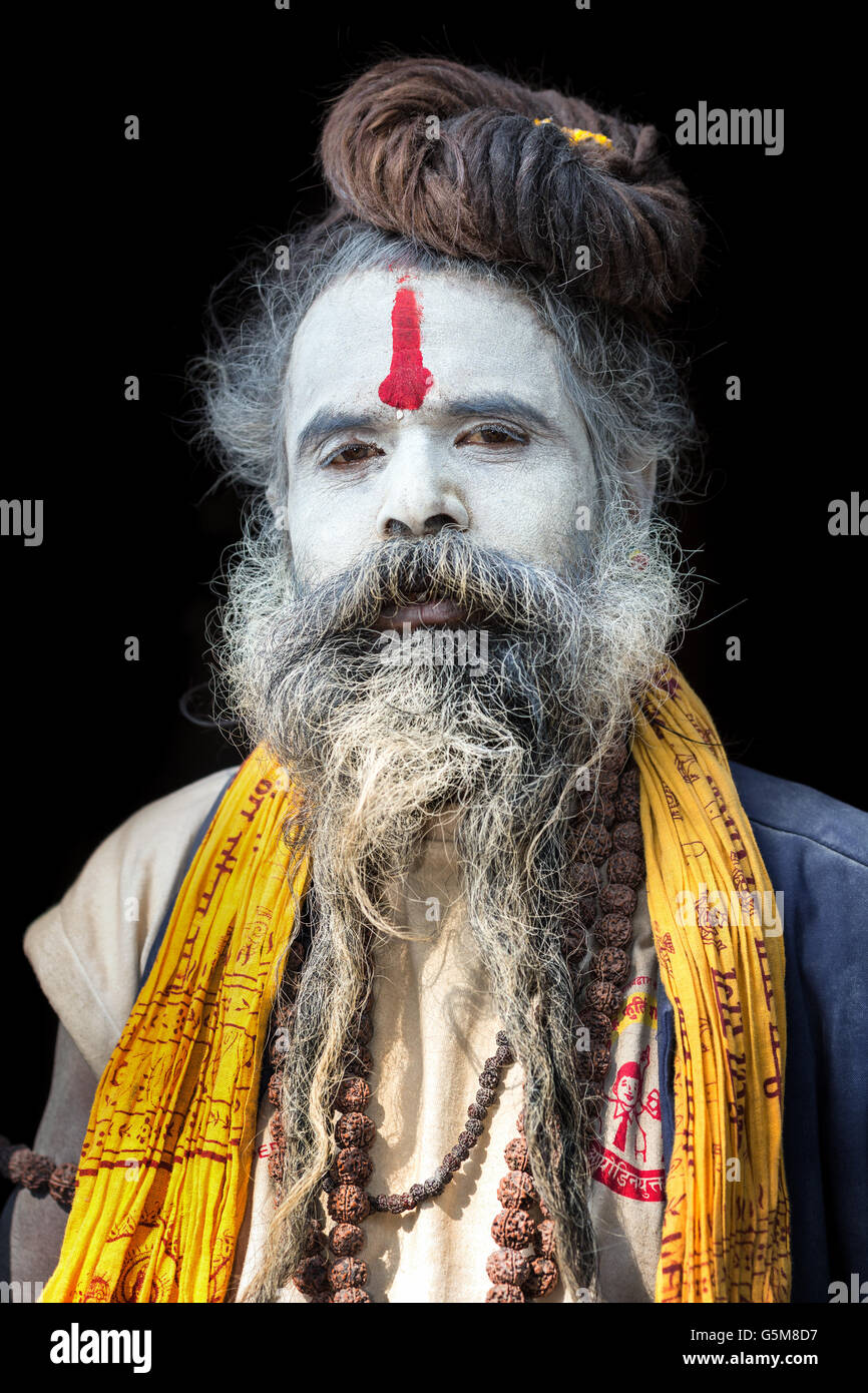 Ritratto di Sadhu, santo uomo, tempio di Pashupatinath, Kathmandu, Nepal Foto Stock