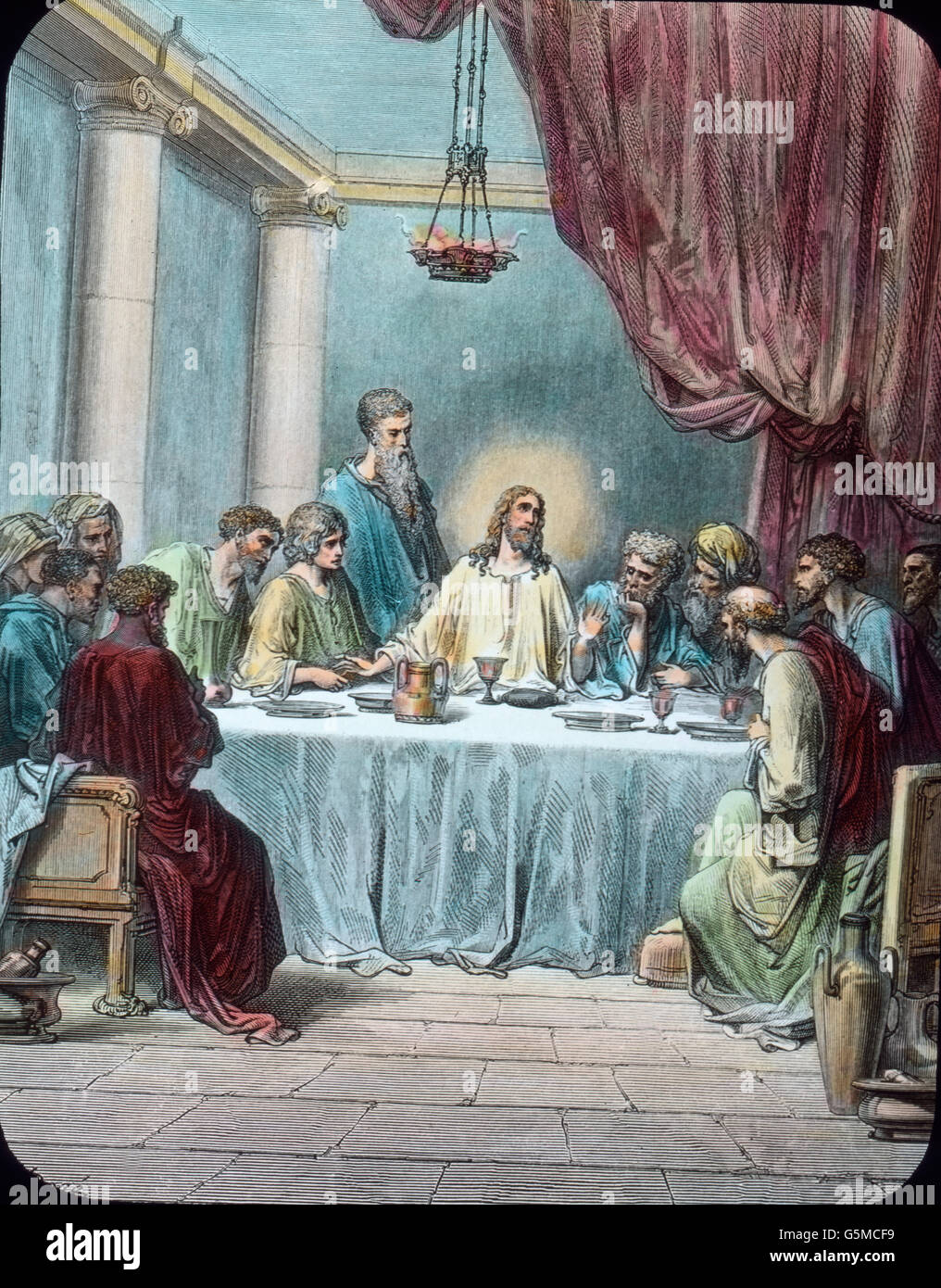 Gesù und die Apostel beim letzten Abendmahl. Gesù e gli Apostoli nel cenacolo. Foto Stock