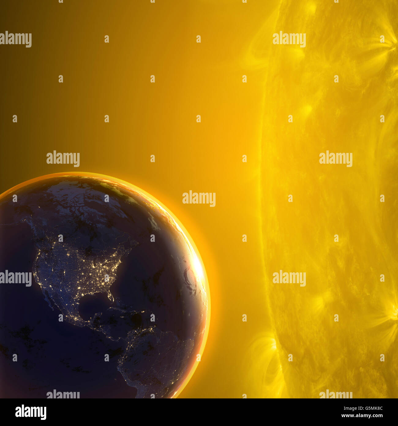 Orbita della terra intorno al Sole. I suns diametro è circa 109 volte quella della Terra Foto Stock