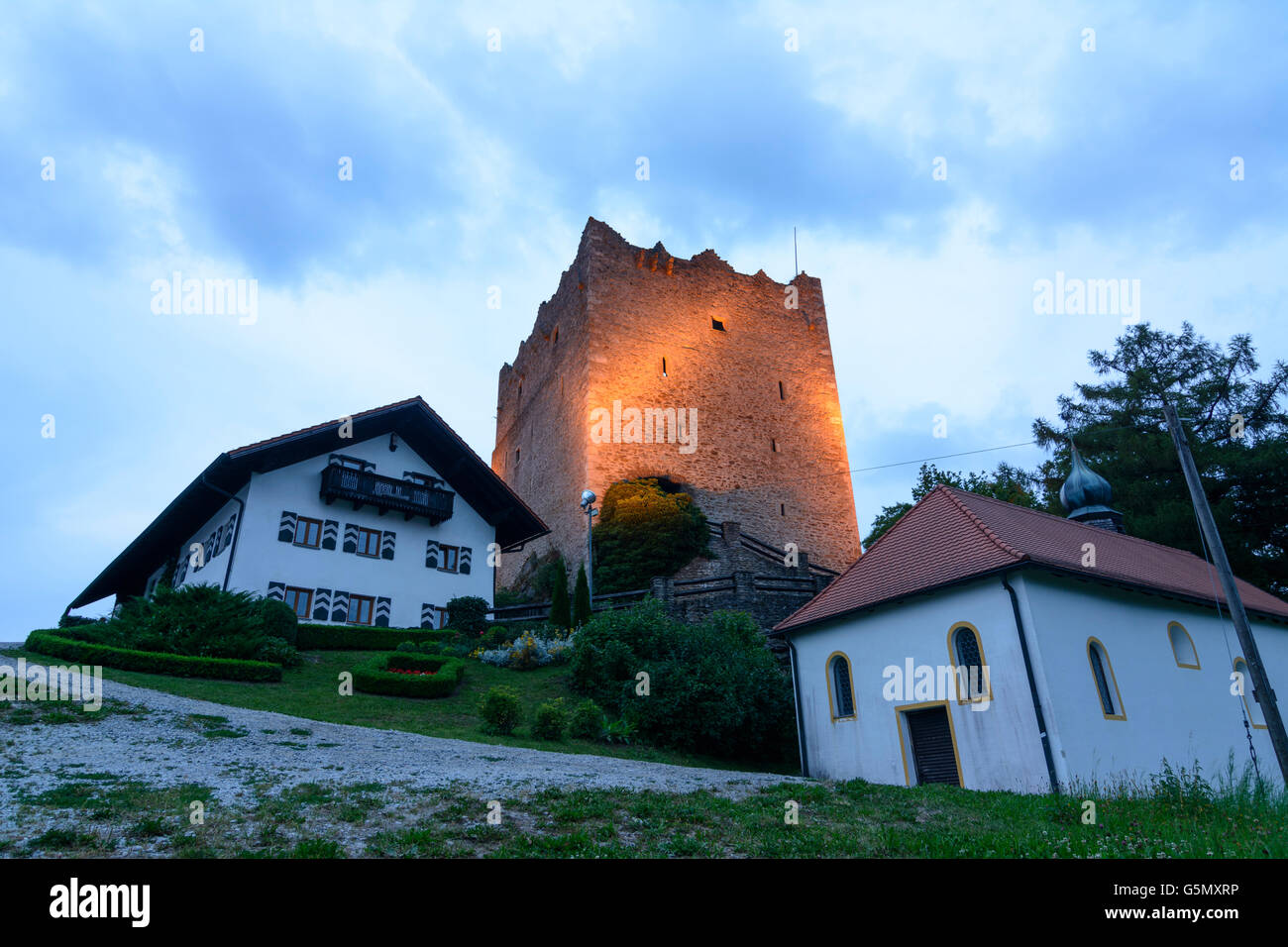 Il castello di Neunußberg: torre residenziale e la cappella, Viechtach, in Germania, in Baviera, Baviera, Niederbayern, Bassa Baviera Foto Stock