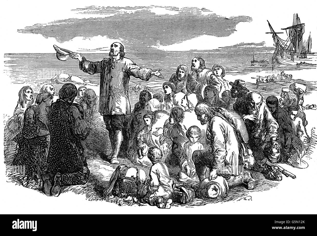 Anticonformista Puritans lo sbarco in America dopo essere stato esiliato nel 1660 dopo Charles II è tornato in Inghilterra per diventare monarca.. Foto Stock