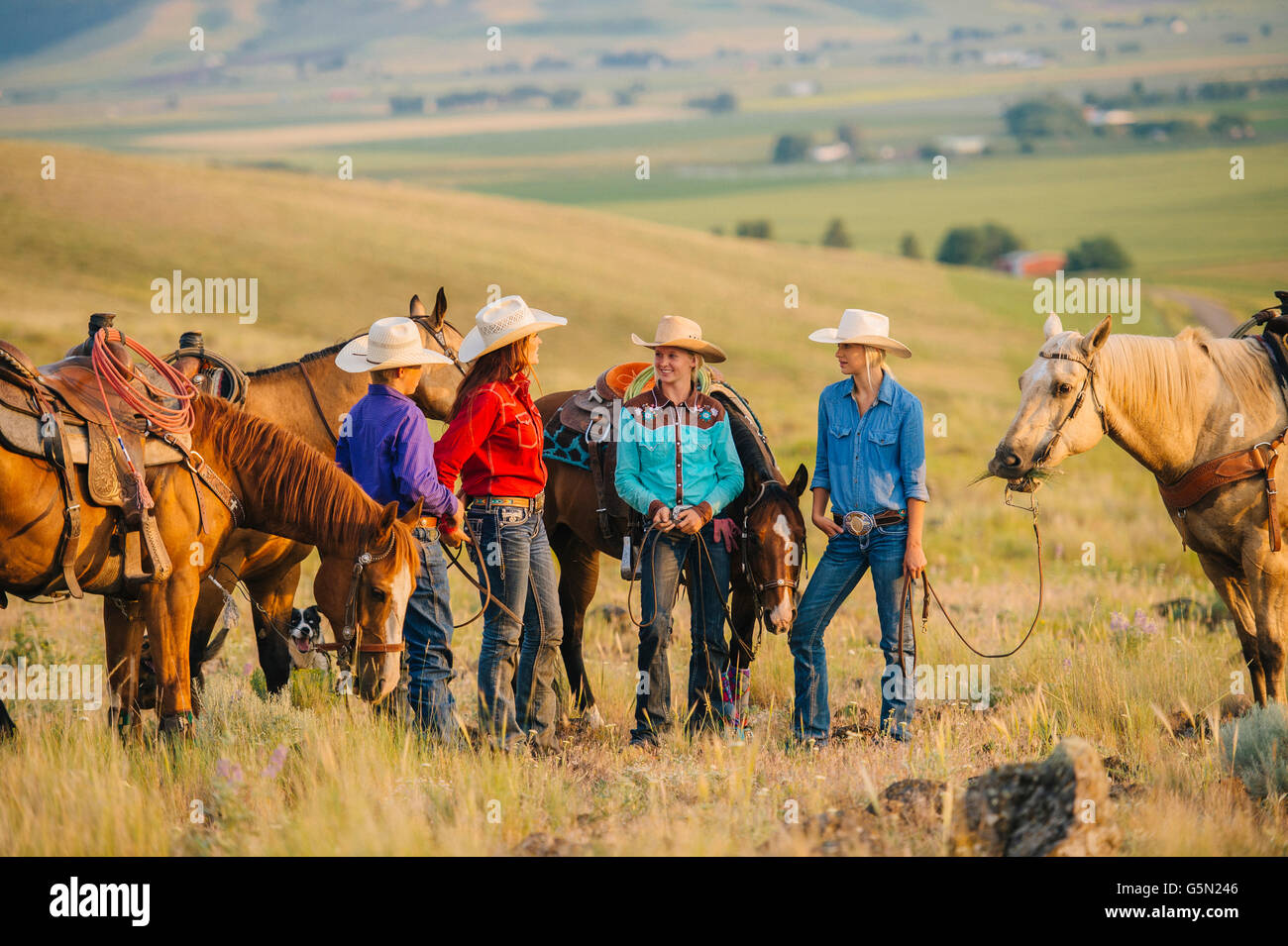 Cowboy e cowgirls con cavalli sul ranch Foto Stock