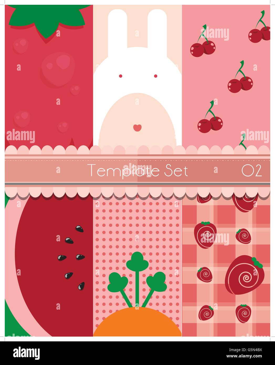 Modello - per nome adesivo, banner, Nome scheda, etc - Pomodoro, coniglio, ciliegie, anguria, carota, FRAGOLA Illustrazione Vettoriale