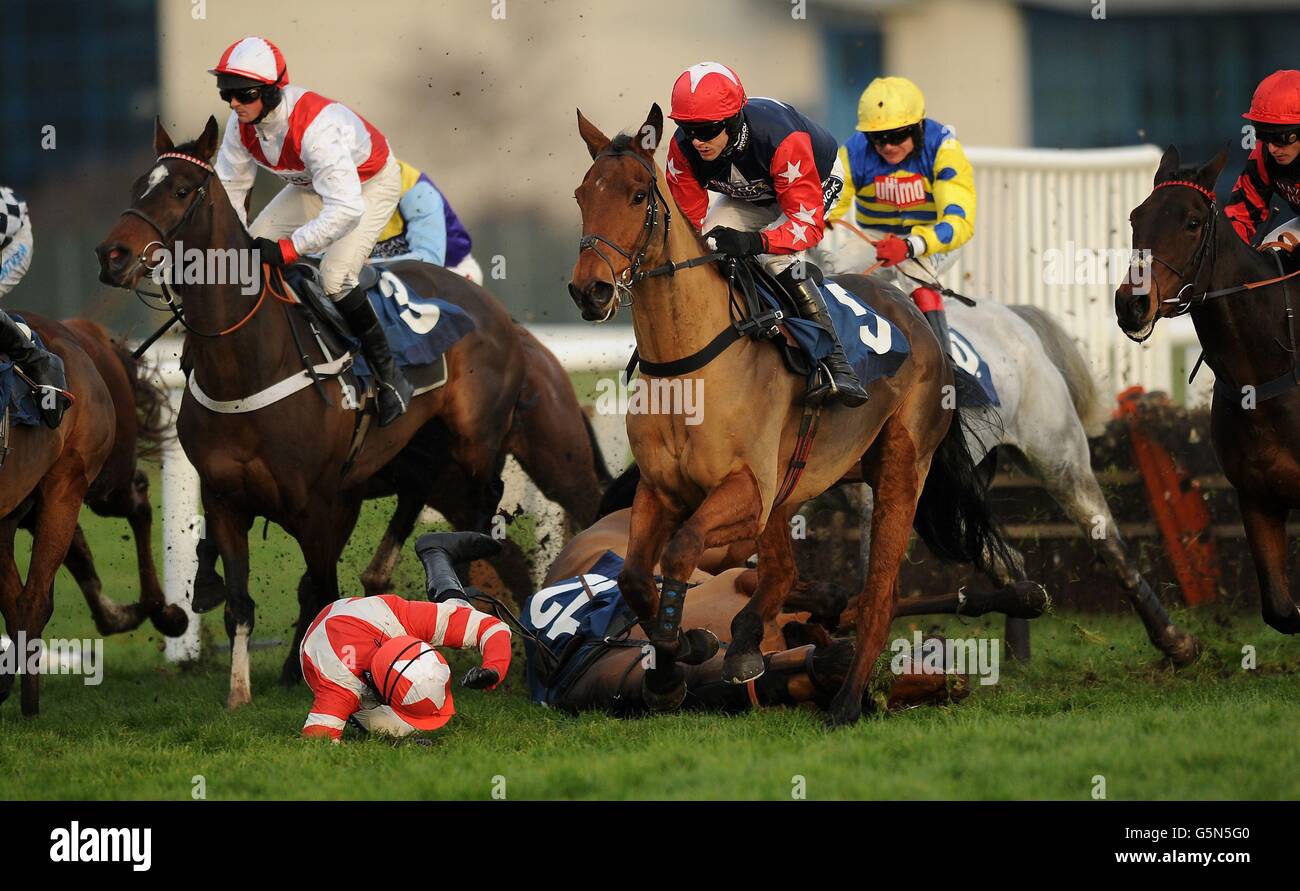 Il jockey Ruby Walsh fa un giro su Curtain Razer durante il Pertemps handicap ostacoli durante il Sportingbet Winter Festival all'ippodromo di Newbury. Foto Stock