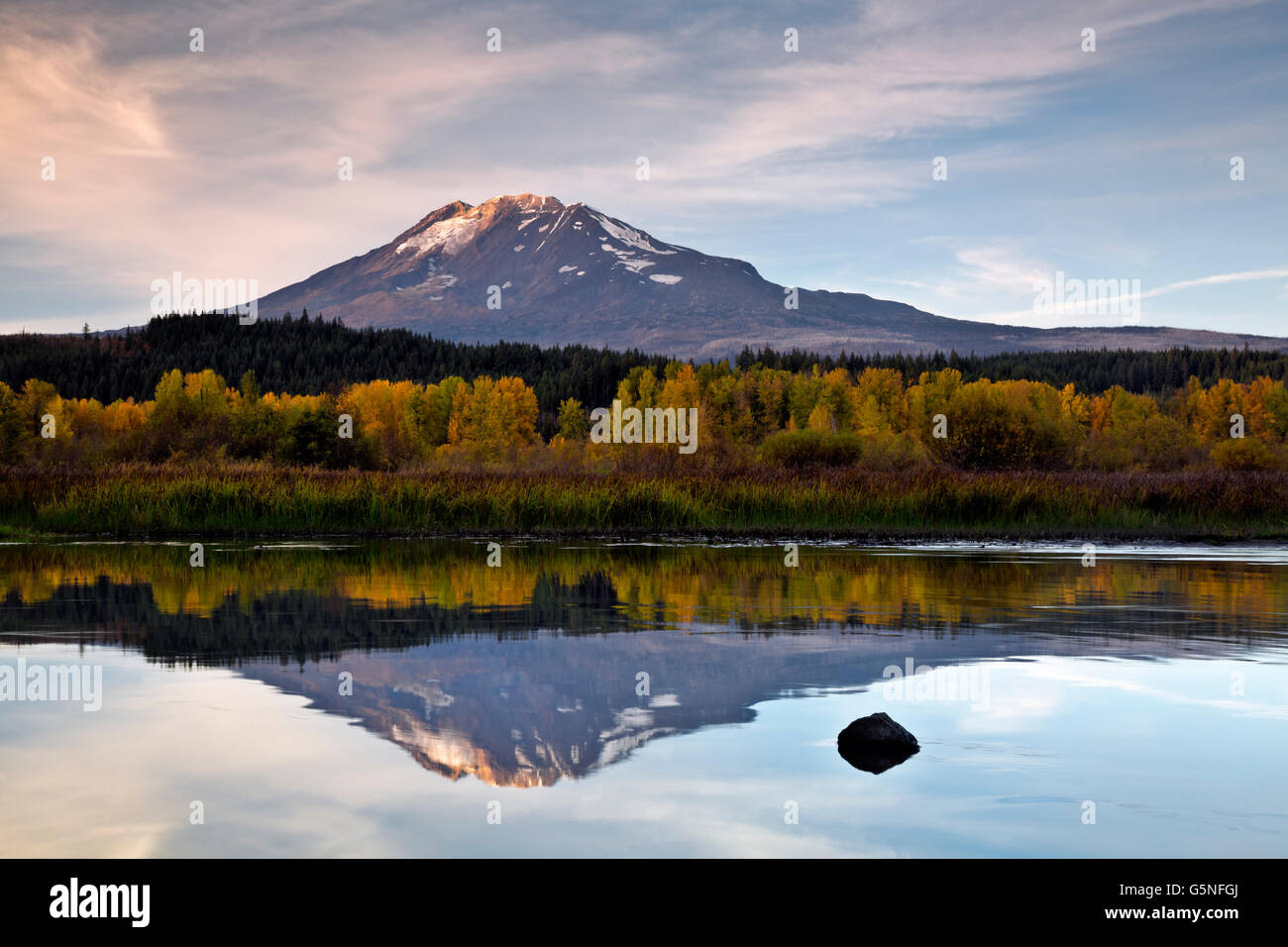 WA12839-00...WASHINGTON - Il Monte Adams riflettendo in acque cristalline del Lago di trote. Foto Stock