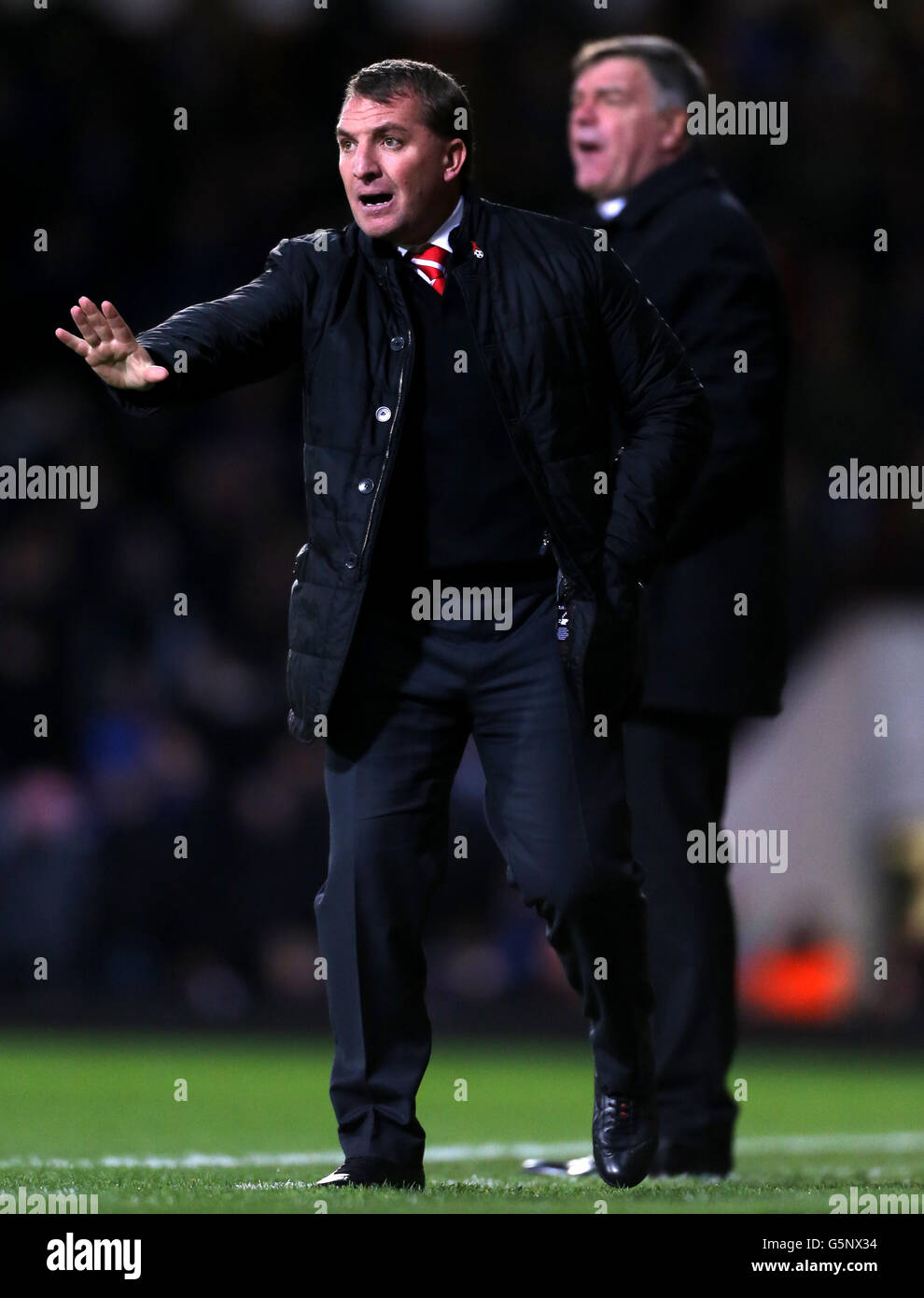 Il manager del Liverpool Brendan Rodgers ha fatto un'istruzione sulla linea di contatto durante la partita della Barclays Premier League all'Upton Park, Londra Foto Stock