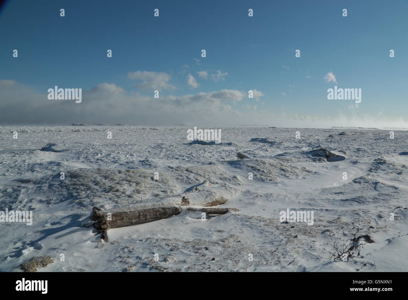 Orizzonte sul lungolago in inverno del vortice polare Foto Stock