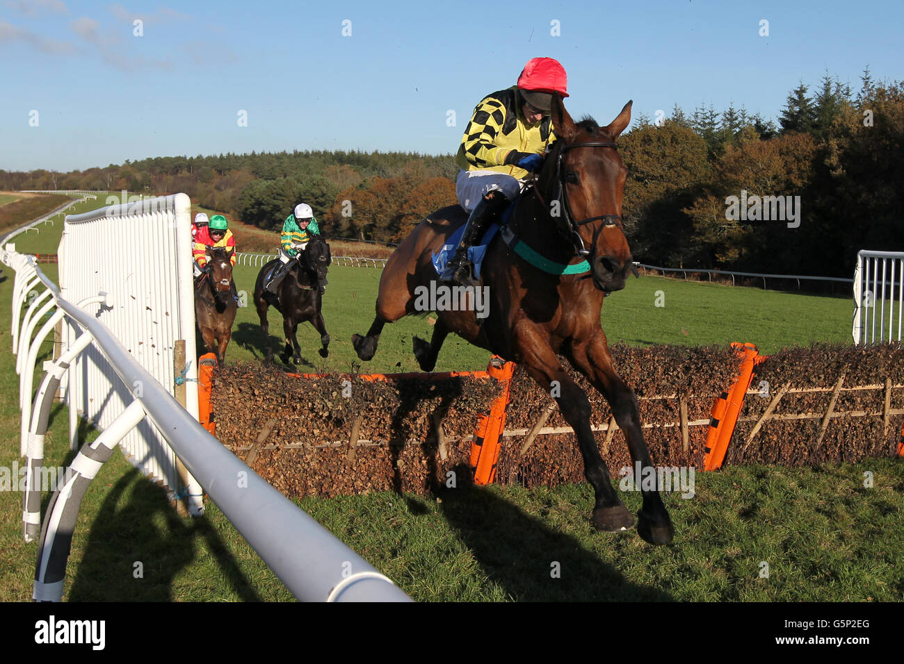 Corse di cavalli - Raceday studentesco - Ippodromo di Exeter. Moorland Tramonto guidato da James Best durante il Pertemps handicap ostacoli sul Raceday studente a Exeter Raceday. Foto Stock