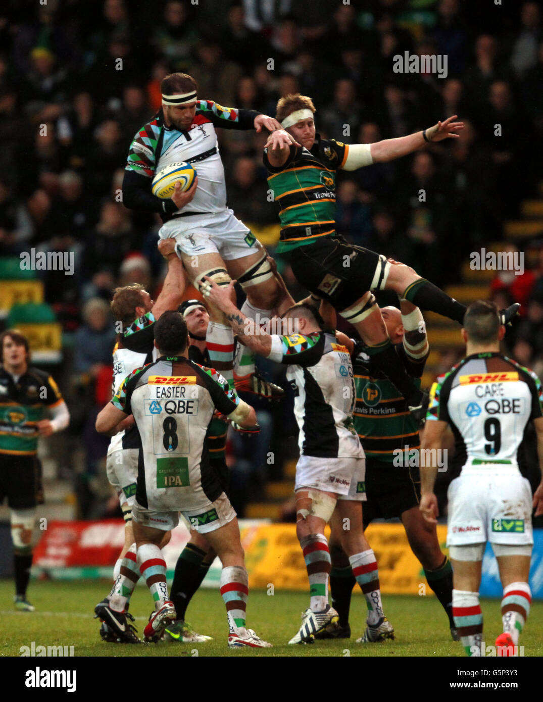 Harlequins Olly Kohn assicura la palla durante la partita di Aviva Premiership ai Franklins Gardens, Northampton. Foto Stock