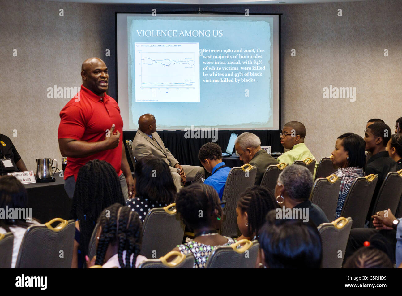 Miami Florida,Hyatt,hotel,alloggio,National preventing Crime in the Black Community Conference,Black adult,adults,man men maschio,speaker,speaking,audienc Foto Stock