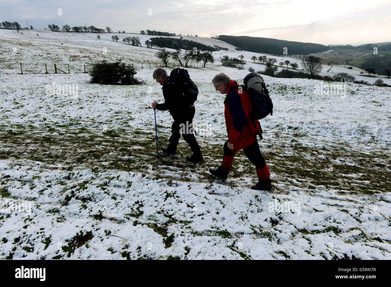 La neve sul terreno alto dei Wolds dello Yorkshire ai pascoli di Millington, vicino a Pocklington, dà agli escursionisti un assaggio del tempo invernale e della neve che si prevede di influenzare molte aree del Regno Unito nei prossimi giorni. Foto Stock