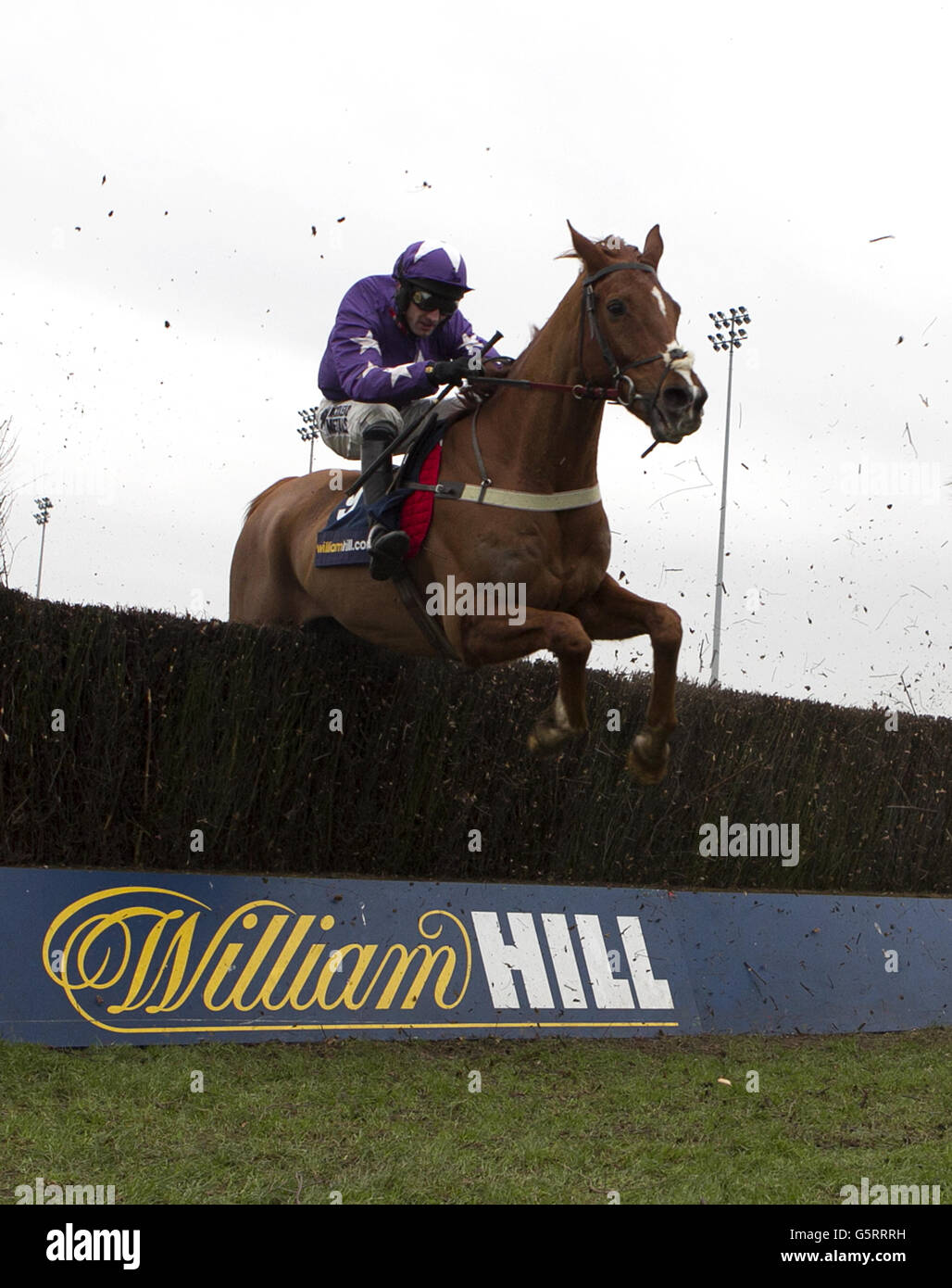 Cruchain guidato da Dougie Costello cancella una recinzione durante l'app iPad di William Hill ora disponibile handicap Chase durante la giornata di William Hill Lanzarote hurdle all'ippodromo di Kempton, Kempton. Foto Stock