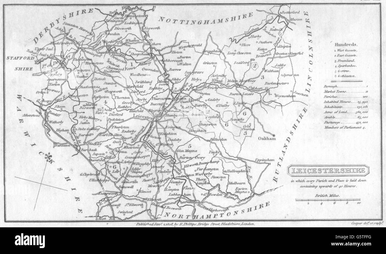 LEICESTERSHIRE: Phillips. Piccola mappa di calcografia. Centinaia dettagliate, 1808 Foto Stock