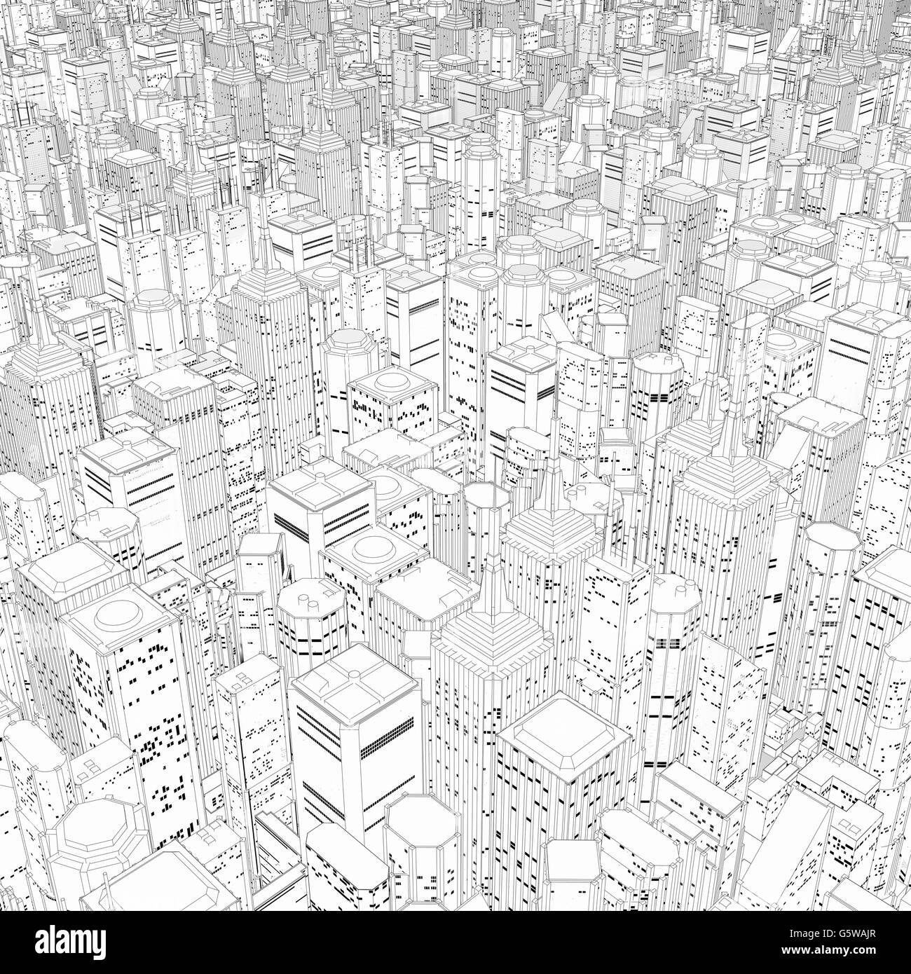 Metropoli in bianco e nero / 3D illustrazione del vasto line art cartoon city Foto Stock
