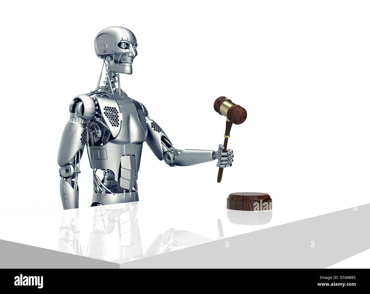 Calcolatore legale giudice concetto, robot con martello,3D'illustrazione. Foto Stock