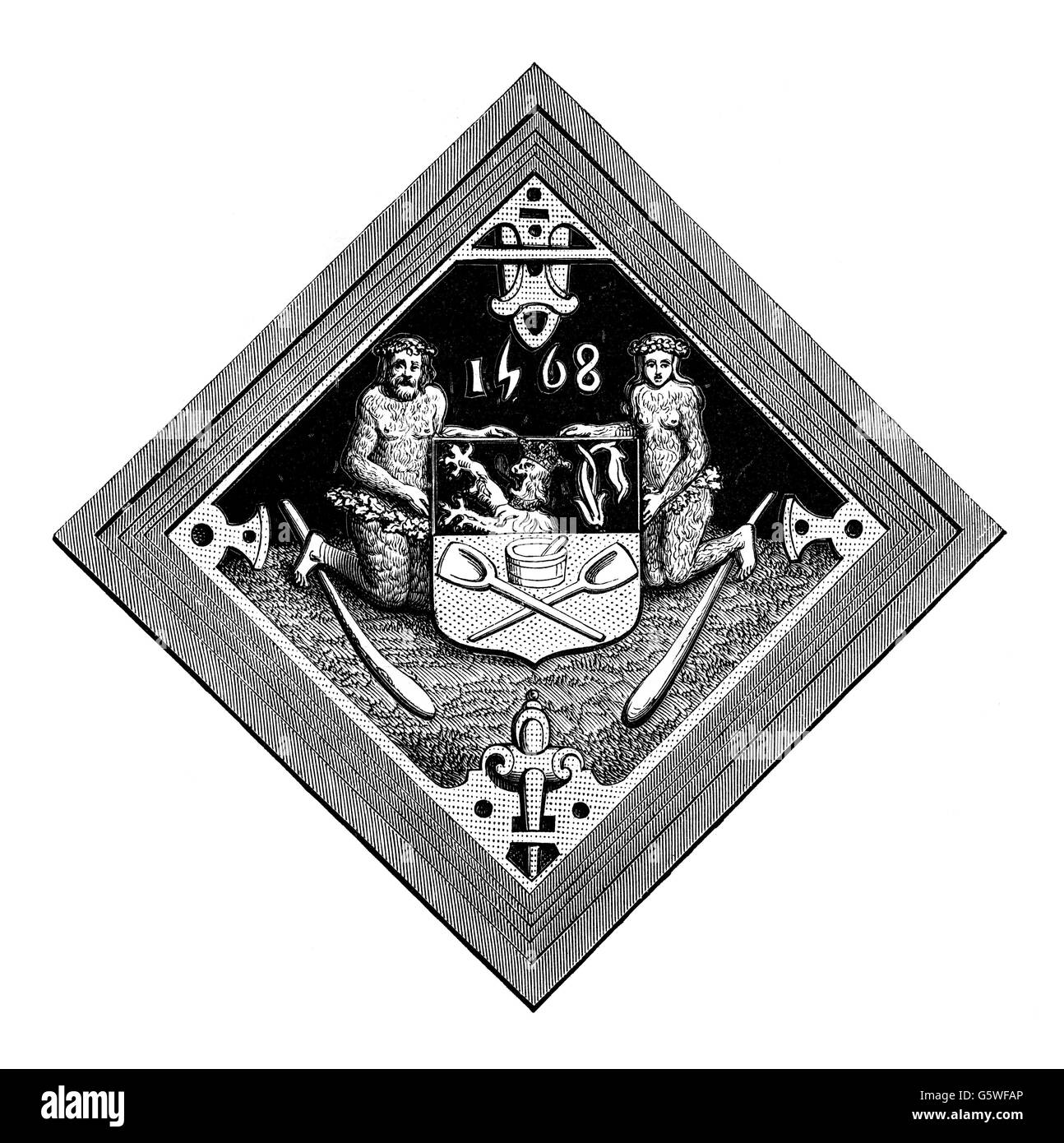 Araldica, guild simboli, measurerers mais di Gand, 1568, artista del diritto d'autore non deve essere cancellata Foto Stock