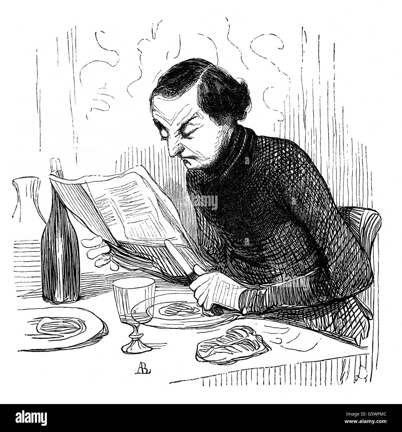 Gastronomia, pasti, 'Trente-deux sous' (trentadue sous), uomo che mangia, litografia, di Honore Daumier (1809 - 1879), da: 'La Caricature', Parigi, 11.12.1842, diritti aggiuntivi-clearences-non disponibile Foto Stock