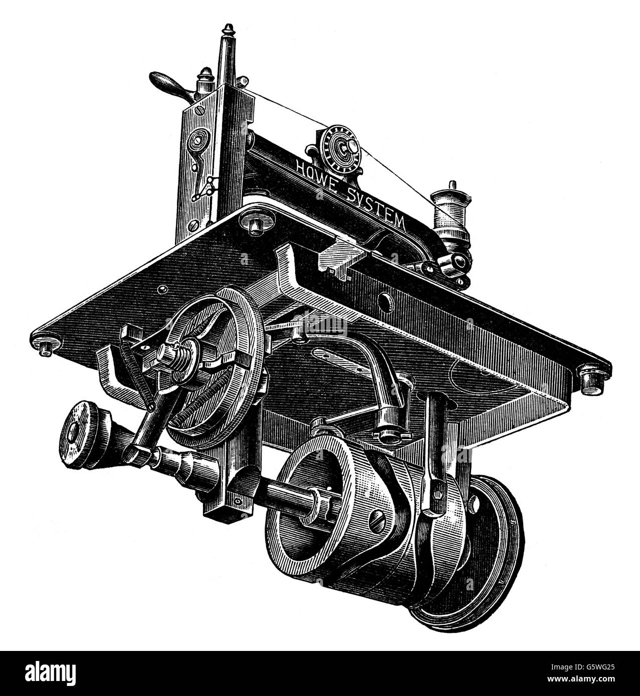 Macchine per la casa, per cucire e cucire, macchine per cucire, costruite da Elias Howe (1819 - 1867), incisione del legno, XIX secolo, XIX secolo, grafica, ingegneria, tecnologia, progresso, cucire, cucire, cucire, casa, famiglie, macchine per cucire, macchine per cucire, volantino, ruota a nastro, ruote a nastro, storico, storico, diritti aggiuntivi-clearences-non disponibili Foto Stock