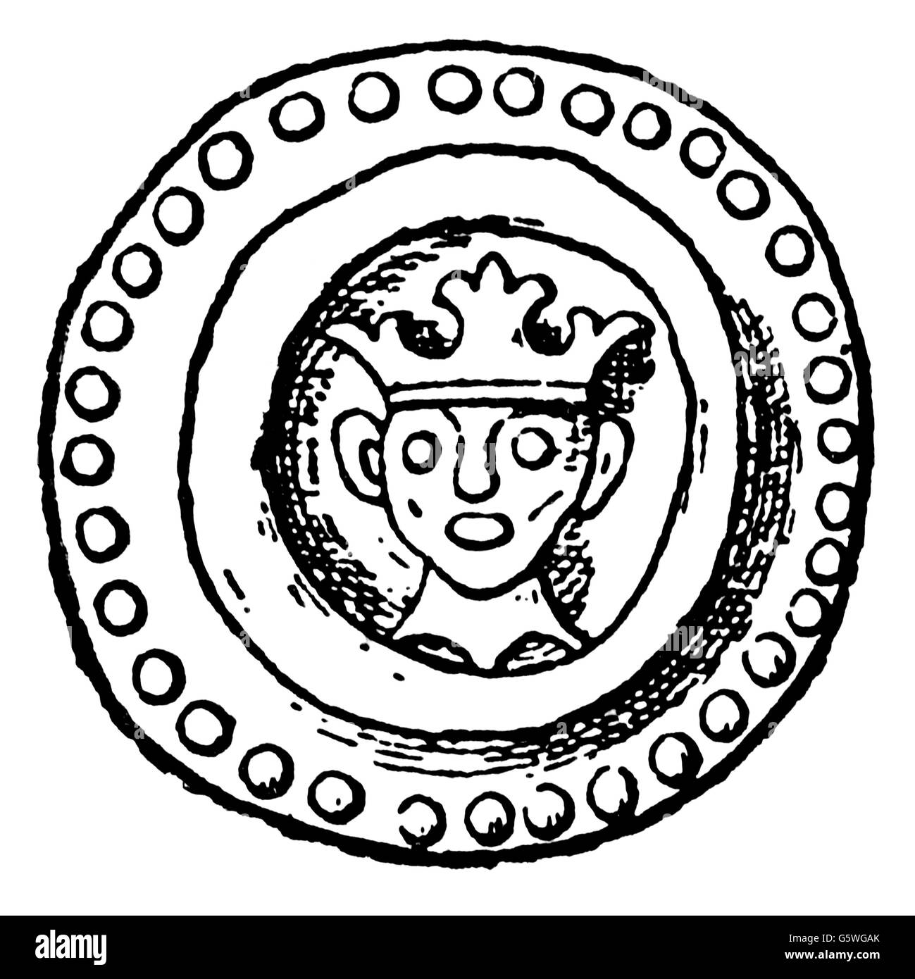 Soldi / finanze, monete, Germania, pfennig d'argento, Lübeck, 13 ° secolo, incisione in legno, 19 ° secolo, 13 ° secolo, Medioevo, medievale, Sacro Romano Impero, Hanse, Lega anseatica, numismatica, ritratto, corona, corone, pfennig, penny, argento, monete, moneta, storico, storico, persone, Luebeck, Lübeck, Lubbleeck, altri diritti non disponibili Foto Stock