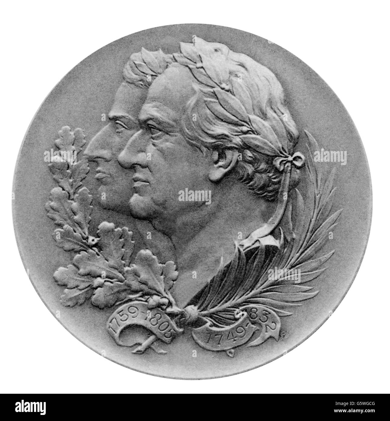 Goethe, Johann Wolfgang, 28.8.1749 - 22.3.1832, autore/scrittore tedesco, ritratto, con Friedrich Schiller, medaglia, Stuttgarter Metallwarenfabrik Mayer & Wilhelm, famosa serie maschile, Stoccarda, circa 1900, Foto Stock