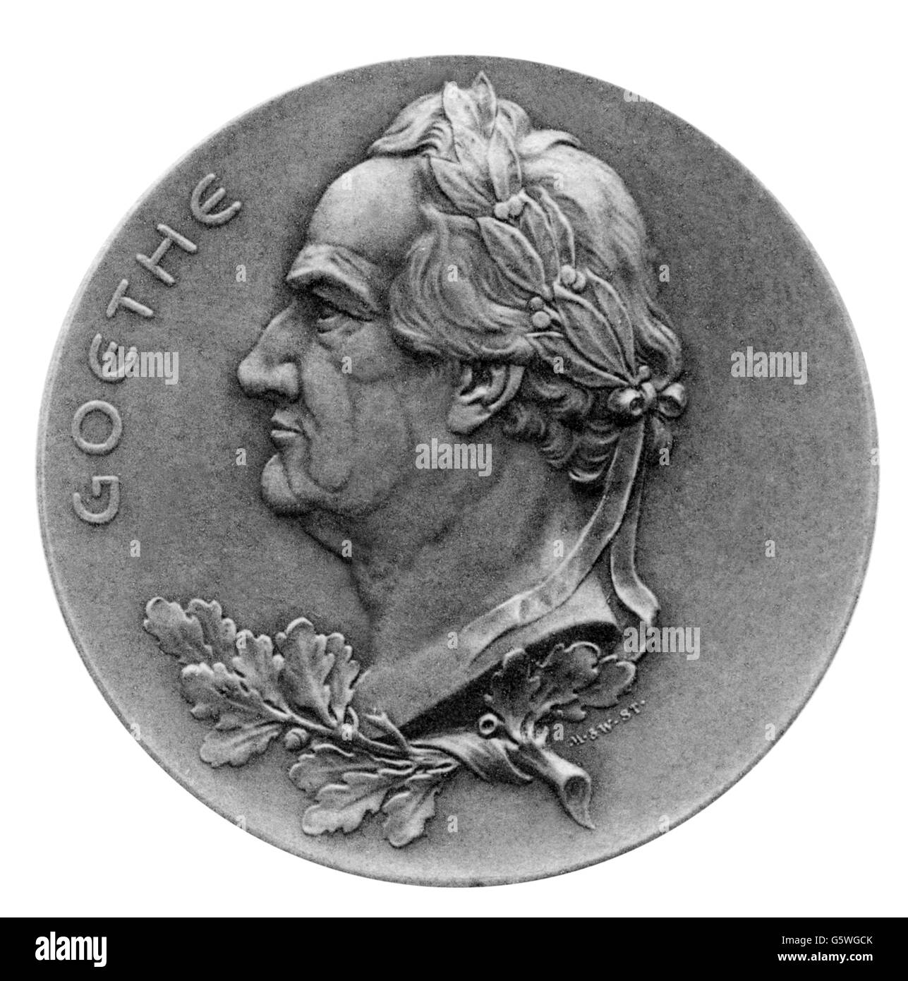 Goethe, Johann Wolfgang, 28.8.1749 - 22.3.1832, autore/scrittore tedesco, ritratto, medaglia, obverse, Stuttgarter Metallwarenfabrik Mayer & Wilhelm, famosa serie maschile, Stoccarda, circa 1900, Foto Stock