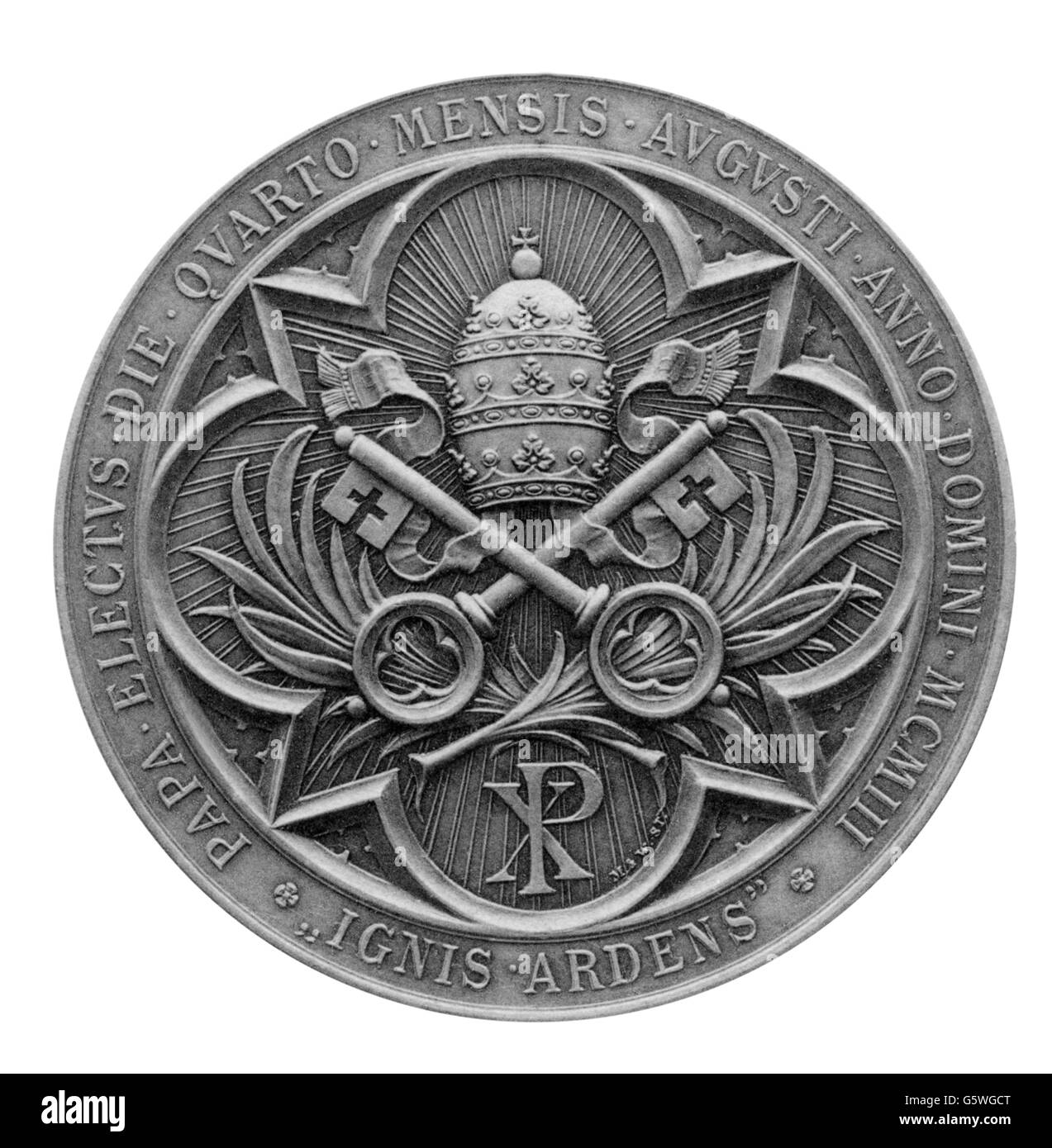 Pio X (Guiseppe Sardo), 2.6.1835 - 20.8.1914, Papa dal 4.8.1903, medaglia, in occasione dell'elezione papale, inversa, stemma papale, bronzo, diametro 60,1 mm, Stuttgarter Metallwarenfabrik Mayer & Wilhelm, serie di famosi uomini, Stoccarda, 1903, Foto Stock