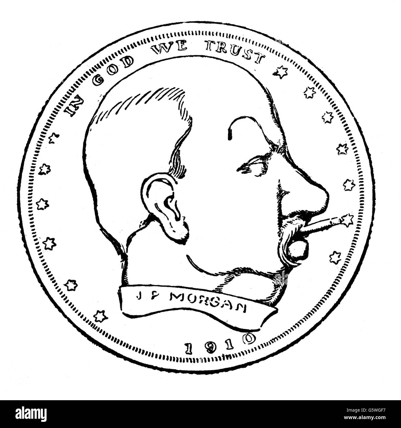Morgan, John Pierpont Sr., 17.4.1837 - 31.3.1913, banchiere e uomo d'affari americano, caricatura, testa su una moneta, incisione del legno, 1900, Foto Stock