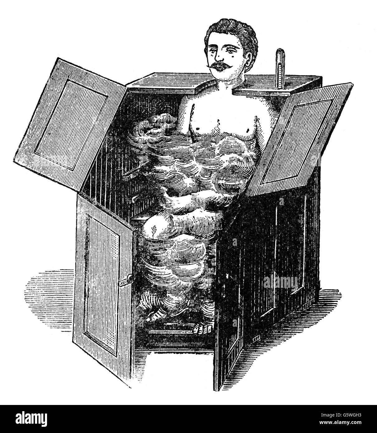 Medicina, trattamento, bagni di vapore, cassa di vapore in cui sedersi, incisione in legno, da: Friedrich Eduard Bilz, New Naturopathic Treatment, Lipsia, Germania, 1902, Additional-Rights-Clearences-Not Available Foto Stock