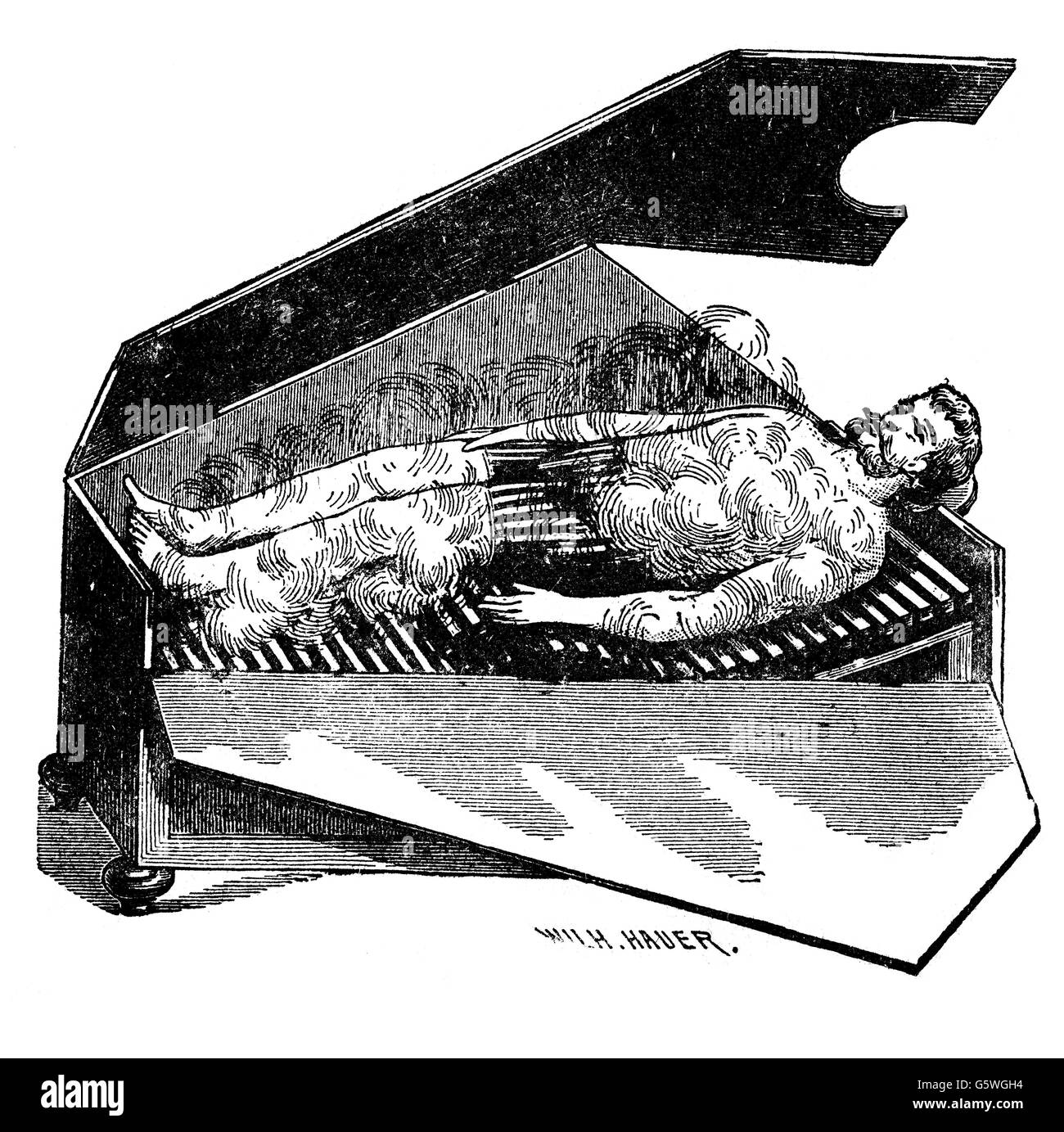 Medicina, trattamento, bagni di vapore, cassa di vapore in cui sdraiarsi, incisione in legno, da: Friedrich Eduard Bilz, New Naturopathic Treatment, Leipzig, Germania, 1902, Additional-Rights-Clearences-Not Available Foto Stock